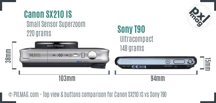 Canon SX210 IS vs Sony T90 top view buttons comparison