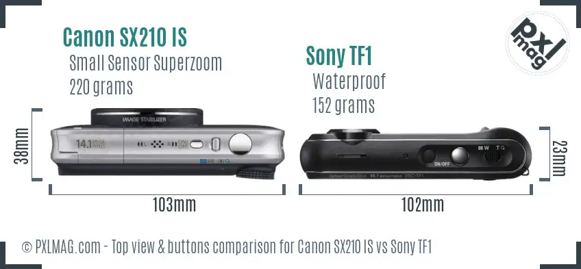 Canon SX210 IS vs Sony TF1 top view buttons comparison