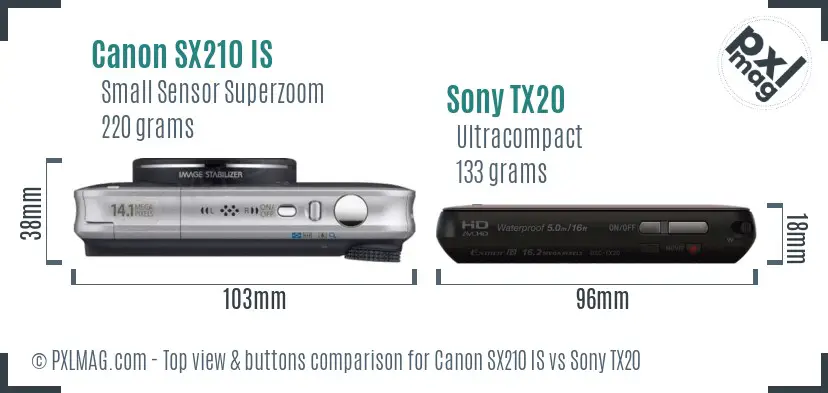 Canon SX210 IS vs Sony TX20 top view buttons comparison Canon SX210 IS vs Sony TX20 top view buttons comparison