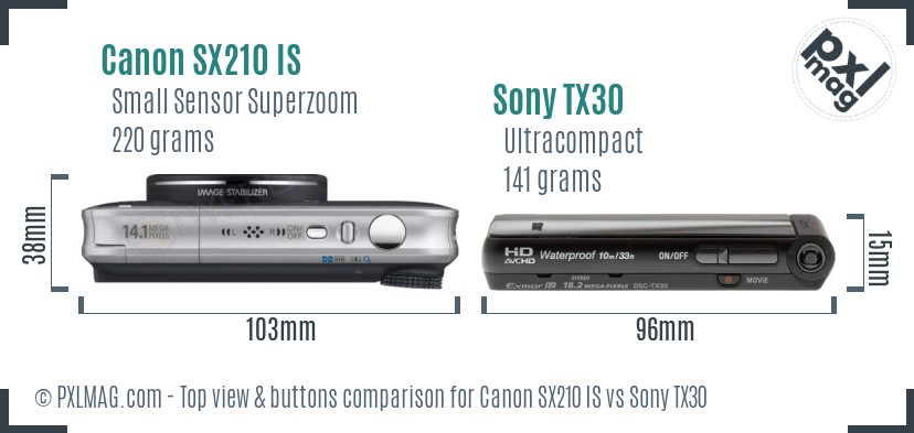 Canon SX210 IS vs Sony TX30 top view buttons comparison