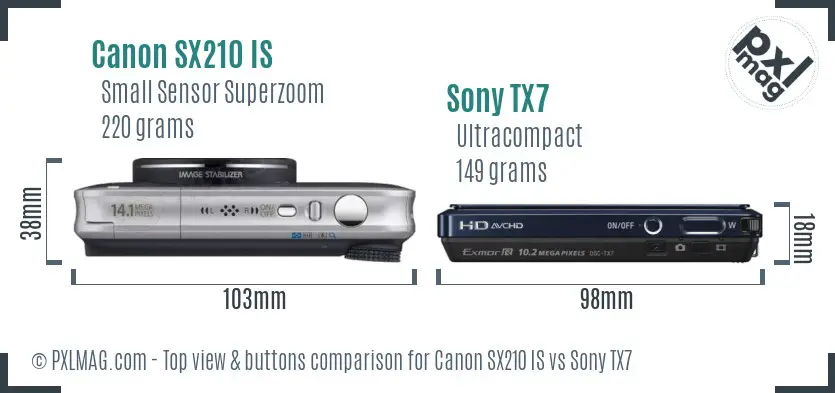 Canon SX210 IS vs Sony TX7 top view buttons comparison