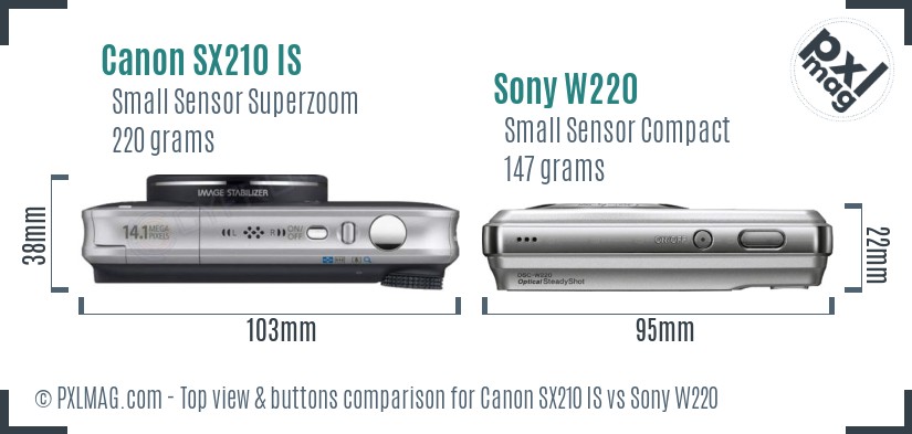 Canon SX210 IS vs Sony W220 top view buttons comparison