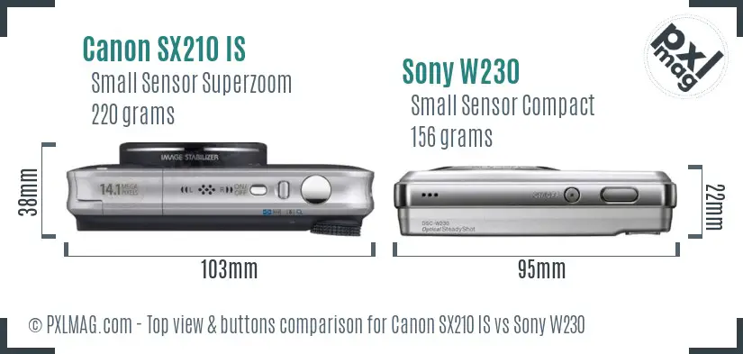 Canon SX210 IS vs Sony W230 top view buttons comparison Canon SX210 IS vs Sony W230 top view buttons comparison