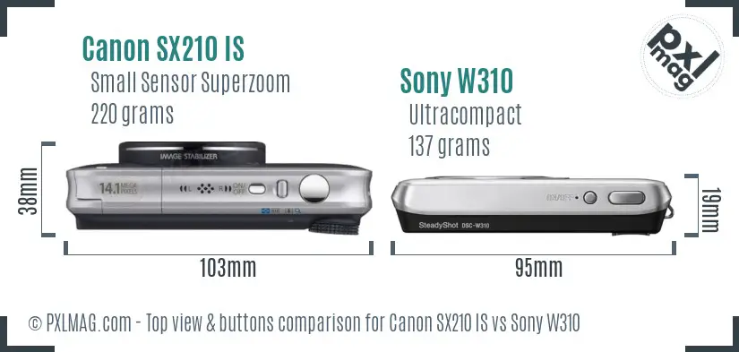 Canon SX210 IS vs Sony W310 top view buttons comparison
