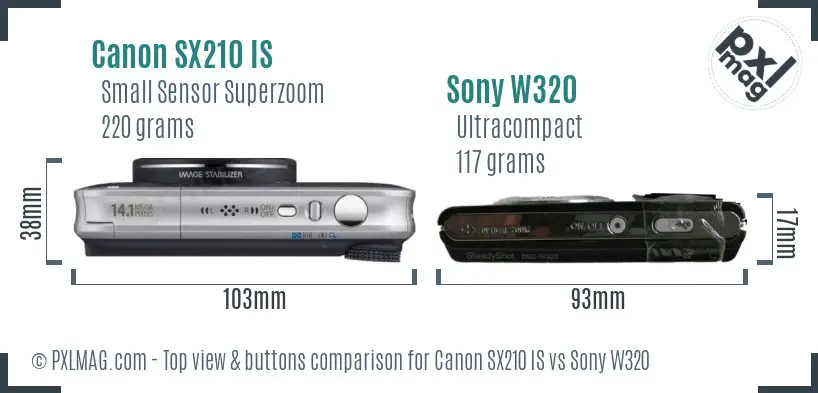 Canon SX210 IS vs Sony W320 top view buttons comparison