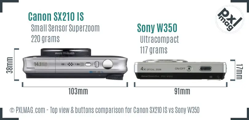 Canon SX210 IS vs Sony W350 top view buttons comparison