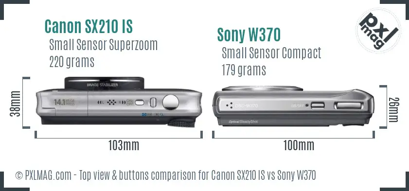 Canon SX210 IS vs Sony W370 top view buttons comparison Canon SX210 IS vs Sony W370 top view buttons comparison