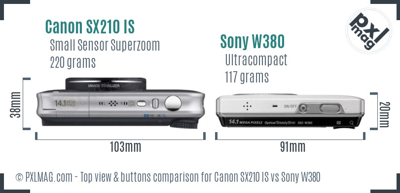 Canon SX210 IS vs Sony W380 top view buttons comparison