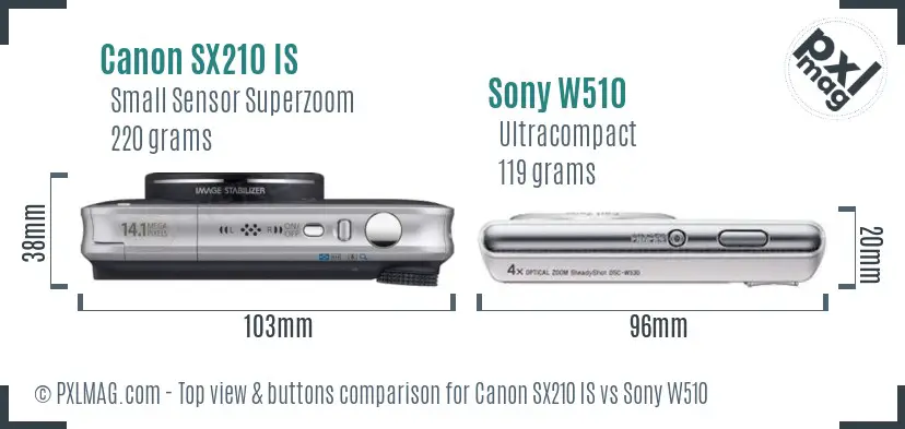 Canon SX210 IS vs Sony W510 top view buttons comparison