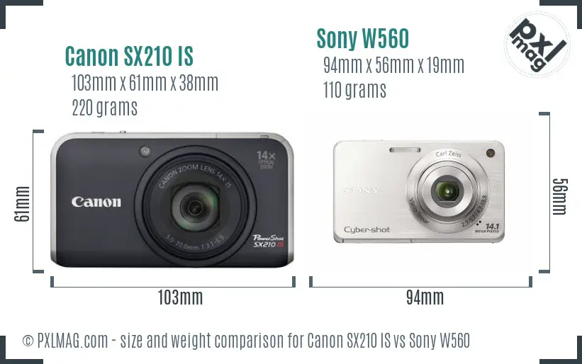 Canon SX210 IS vs Sony W560 size comparison