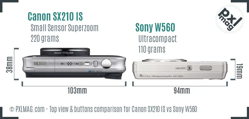 Canon SX210 IS vs Sony W560 top view buttons comparison
