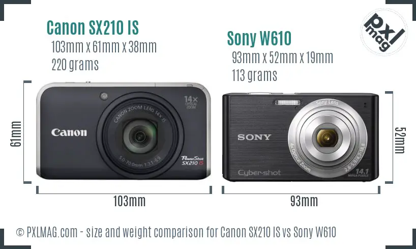 Canon SX210 IS vs Sony W610 size comparison