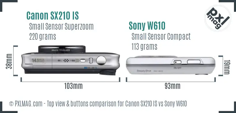 Canon SX210 IS vs Sony W610 top view buttons comparison