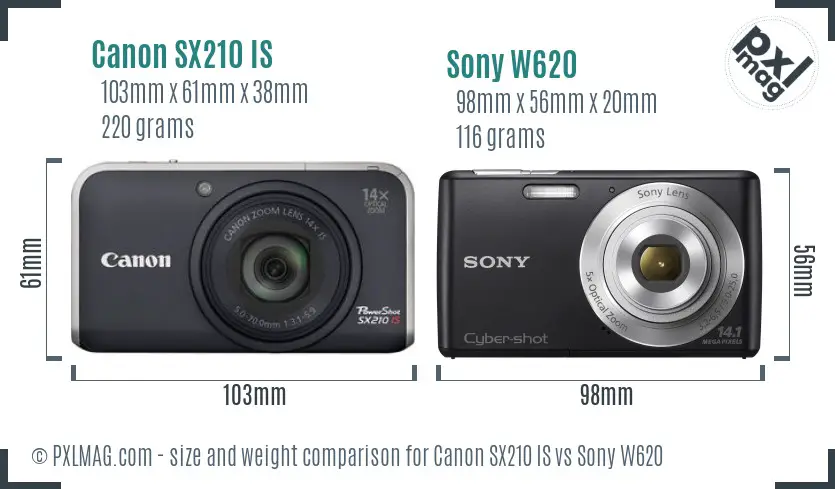 Canon SX210 IS vs Sony W620 size comparison