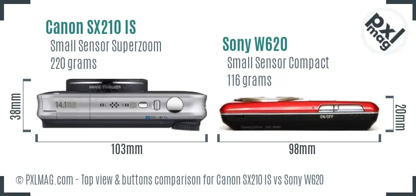 Canon SX210 IS vs Sony W620 top view buttons comparison