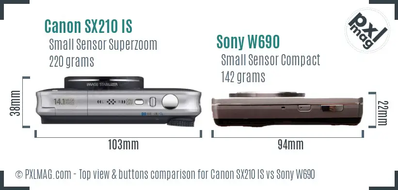 Canon SX210 IS vs Sony W690 top view buttons comparison Canon SX210 IS vs Sony W690 top view buttons comparison
