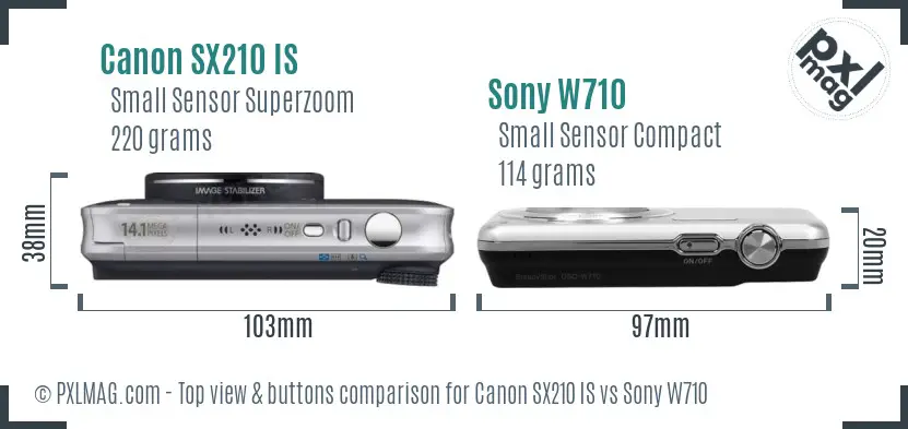Canon SX210 IS vs Sony W710 top view buttons comparison