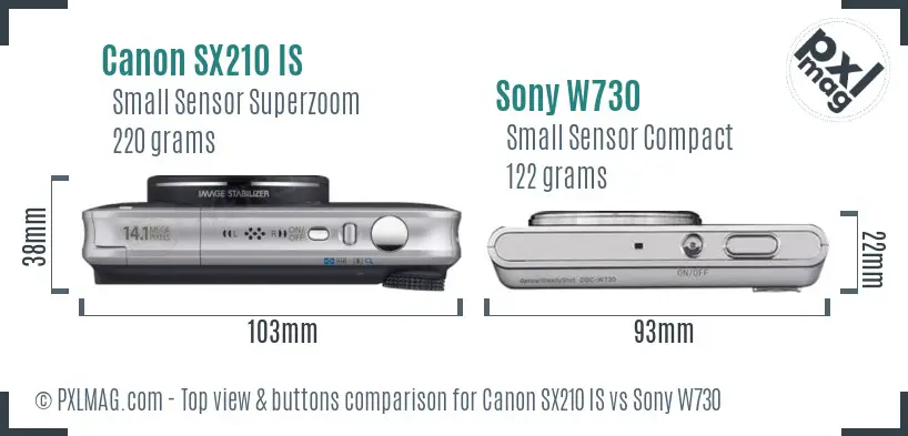 Canon SX210 IS vs Sony W730 top view buttons comparison