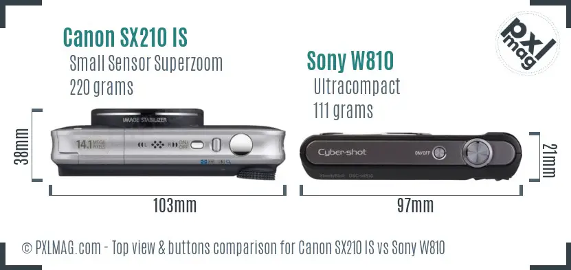 Canon SX210 IS vs Sony W810 top view buttons comparison