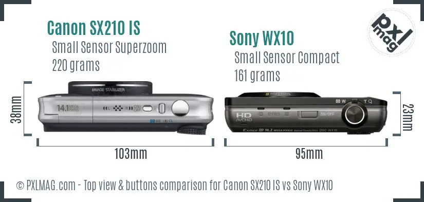 Canon SX210 IS vs Sony WX10 top view buttons comparison Canon SX210 IS vs Sony WX10 top view buttons comparison