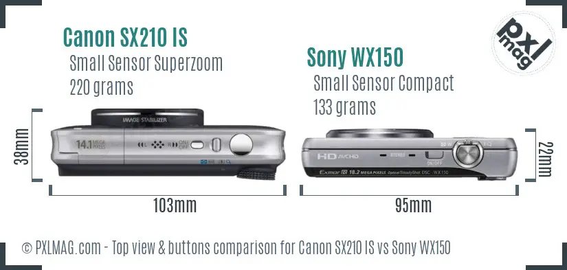 Canon SX210 IS vs Sony WX150 top view buttons comparison Canon SX210 IS vs Sony WX150 top view buttons comparison