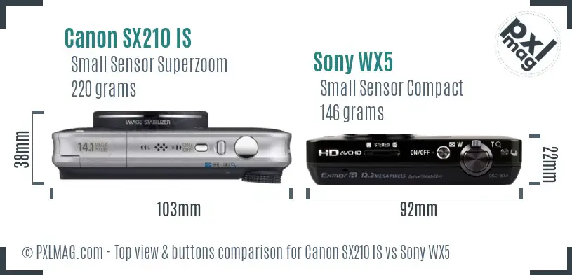 Canon SX210 IS vs Sony WX5 top view buttons comparison