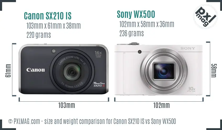 Canon SX210 IS vs Sony WX500 size comparison