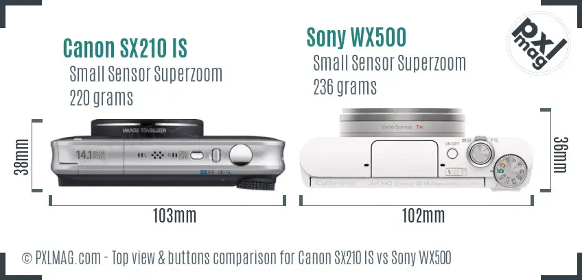 Canon SX210 IS vs Sony WX500 top view buttons comparison