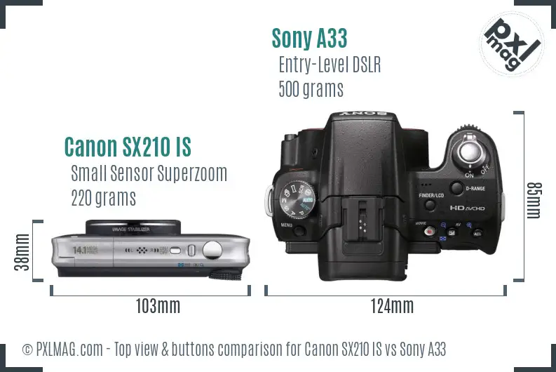 Canon SX210 IS vs Sony A33 top view buttons comparison