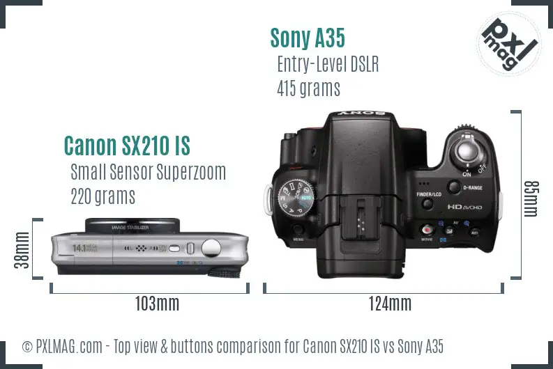 Canon SX210 IS vs Sony A35 top view buttons comparison