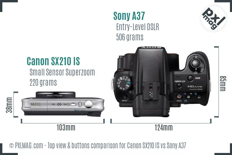 Canon SX210 IS vs Sony A37 top view buttons comparison Canon SX210 IS vs Sony A37 top view buttons comparison
