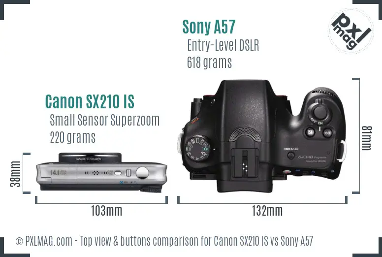 Canon SX210 IS vs Sony A57 top view buttons comparison Canon SX210 IS vs Sony A57 top view buttons comparison