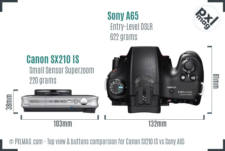 Canon SX210 IS vs Sony A65 top view buttons comparison