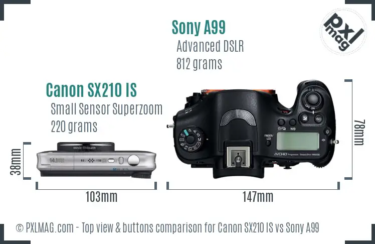 Canon SX210 IS vs Sony A99 top view buttons comparison