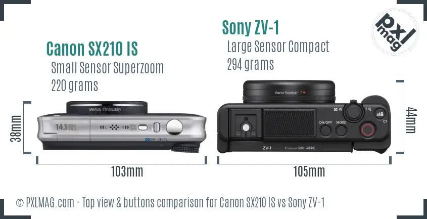 Canon SX210 IS vs Sony ZV-1 top view buttons comparison Canon SX210 IS vs Sony ZV-1 top view buttons comparison