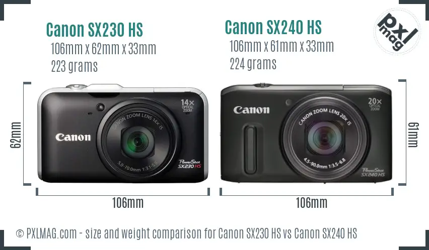 Canon SX230 HS vs Canon SX240 HS size comparison