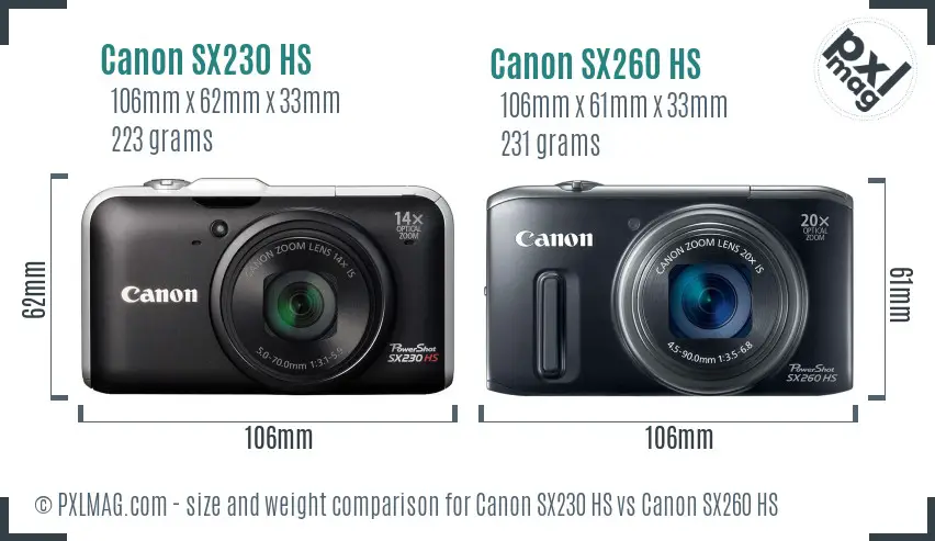 Canon SX230 HS vs Canon SX260 HS size comparison