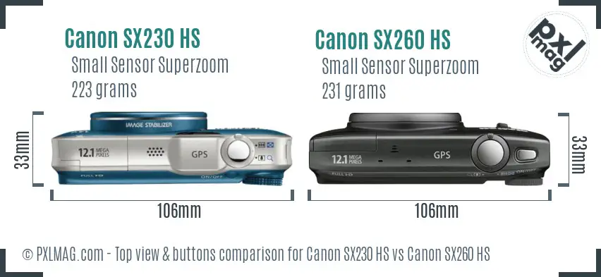 Canon SX230 HS vs Canon SX260 HS top view buttons comparison