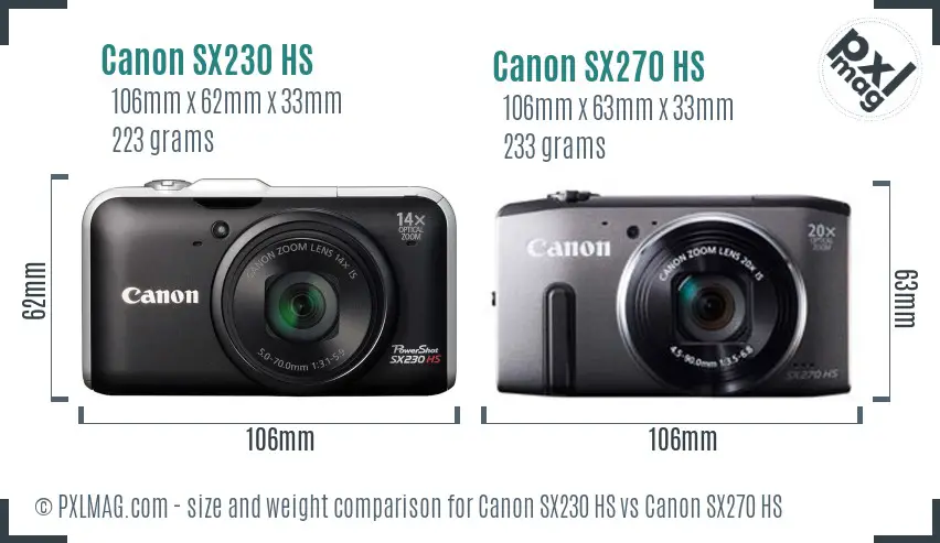Canon SX230 HS vs Canon SX270 HS size comparison