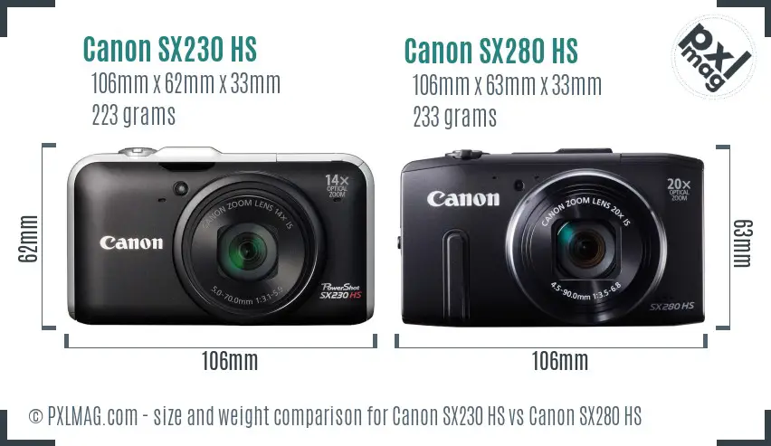 Canon SX230 HS vs Canon SX280 HS size comparison