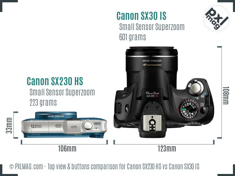 Canon SX230 HS vs Canon SX30 IS top view buttons comparison