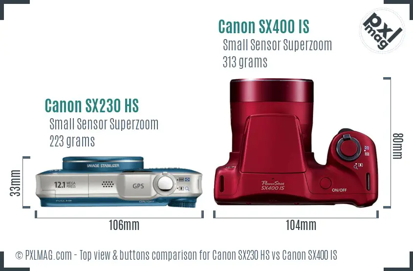 Canon SX230 HS vs Canon SX400 IS top view buttons comparison