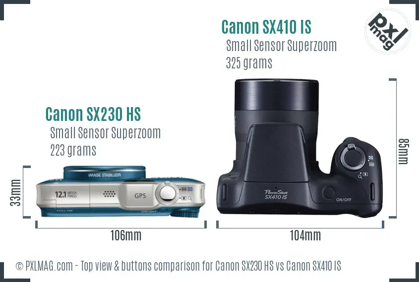 Canon SX230 HS vs Canon SX410 IS top view buttons comparison