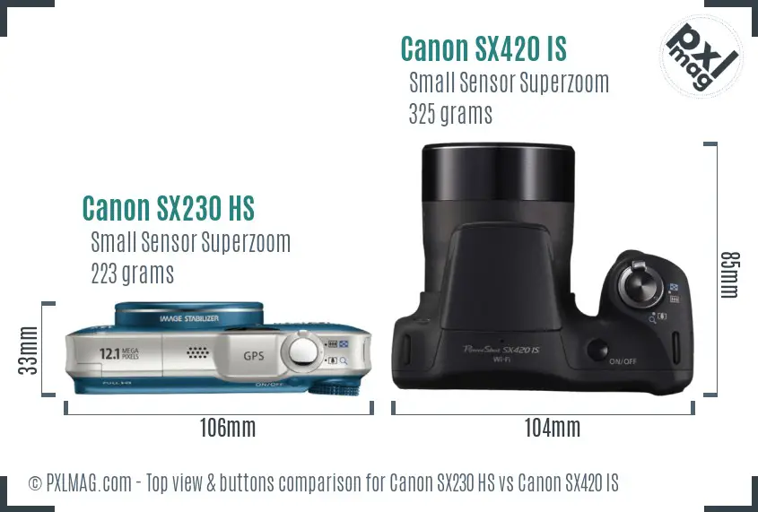 Canon SX230 HS vs Canon SX420 IS top view buttons comparison