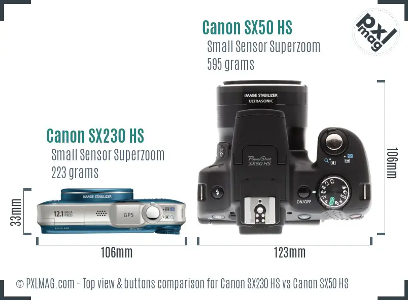 Canon SX230 HS vs Canon SX50 HS top view buttons comparison