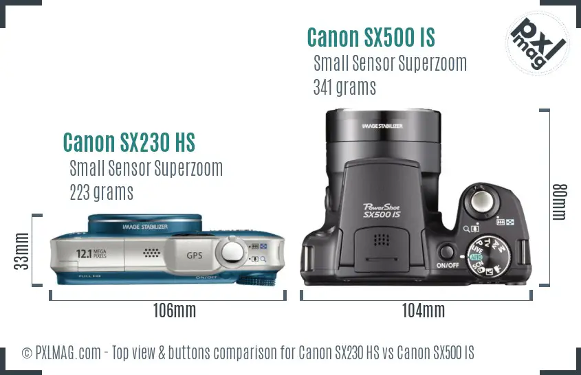 Canon SX230 HS vs Canon SX500 IS top view buttons comparison