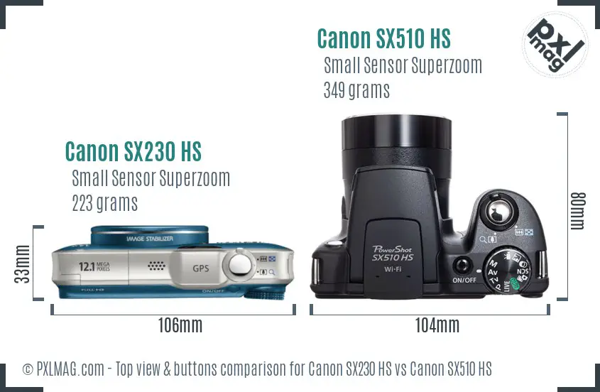 Canon SX230 HS vs Canon SX510 HS top view buttons comparison