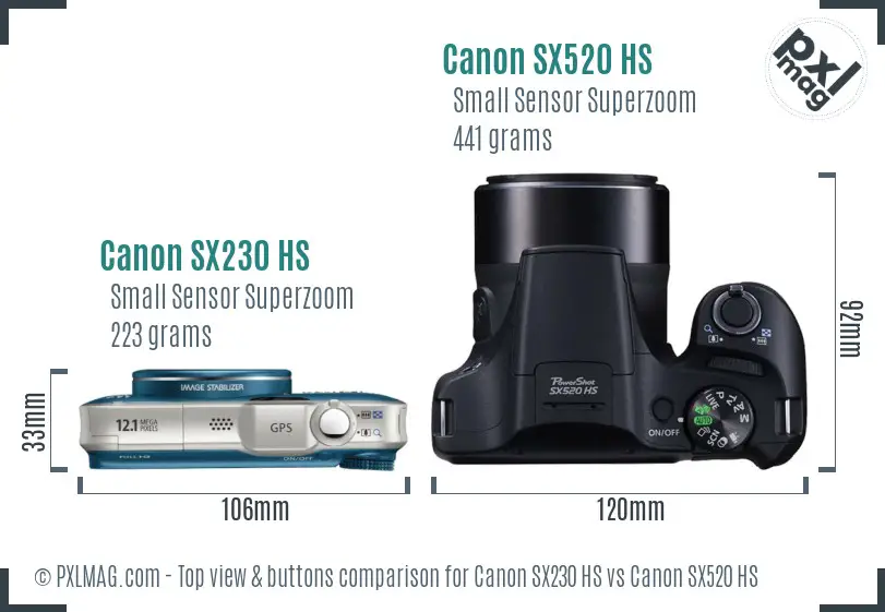 Canon SX230 HS vs Canon SX520 HS top view buttons comparison
