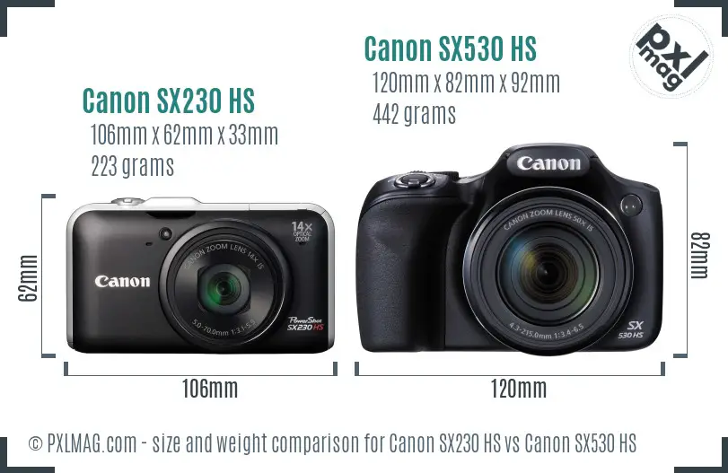 Canon SX230 HS vs Canon SX530 HS size comparison