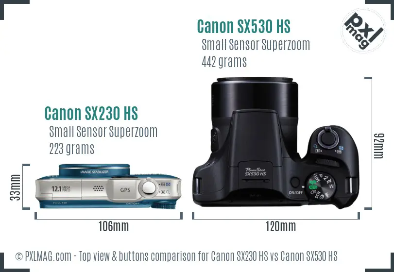 Canon SX230 HS vs Canon SX530 HS top view buttons comparison